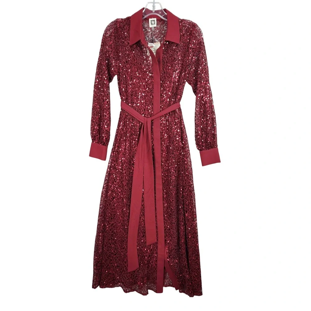 Anne Klein Sequin‎ Lace Shirt Dress Womens 2 Red Cabernet Holiday Party Elegant